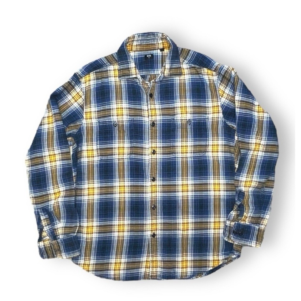 Uniqlo Mens Blue Yellow Plaid Flannel Button Up Shirt 100% Cotton 331-421202 M